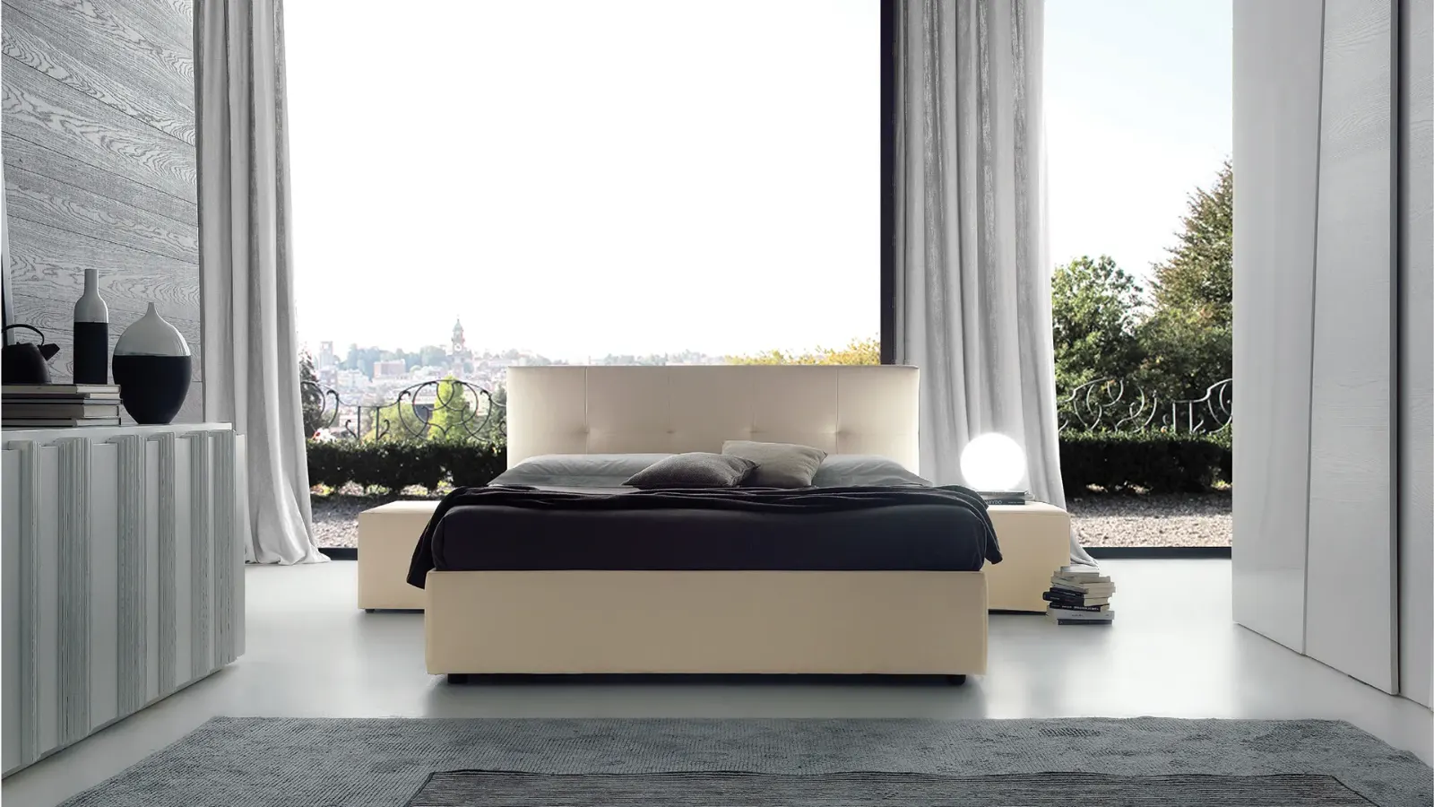 Letto Alexia, letto con testiera capitonné in pelle o tessuto, made in Italy – foto 2