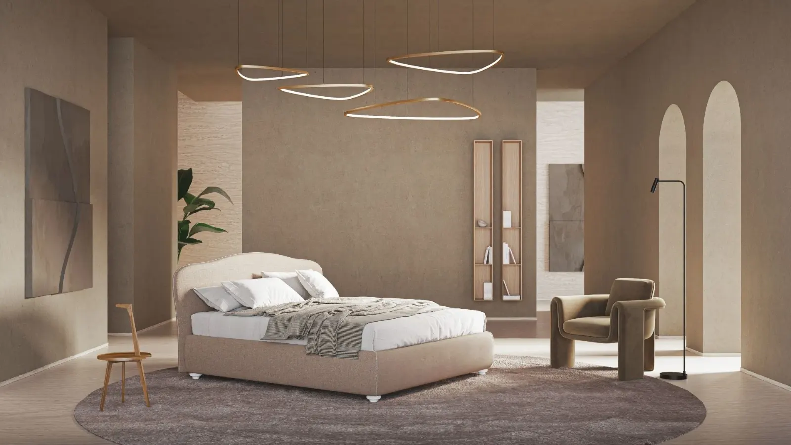 Letto Camilla, letto imbottito con testiera sagomata e box contenitore, made in Italy