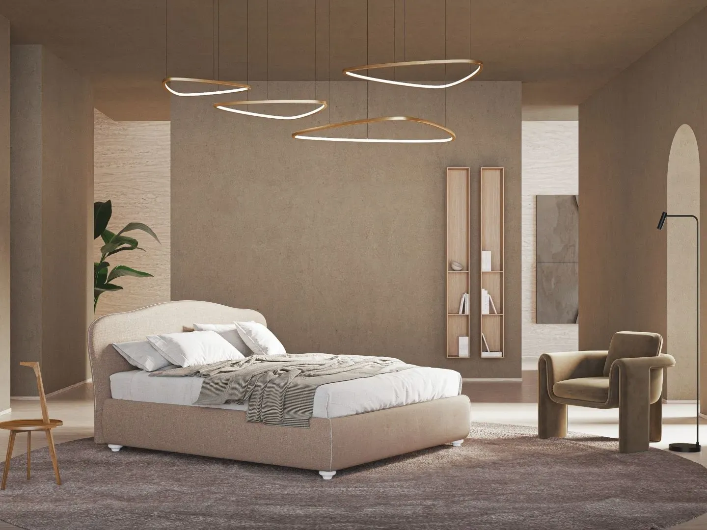 Letto Camilla, letto imbottito con testiera sagomata e box contenitore, made in Italy