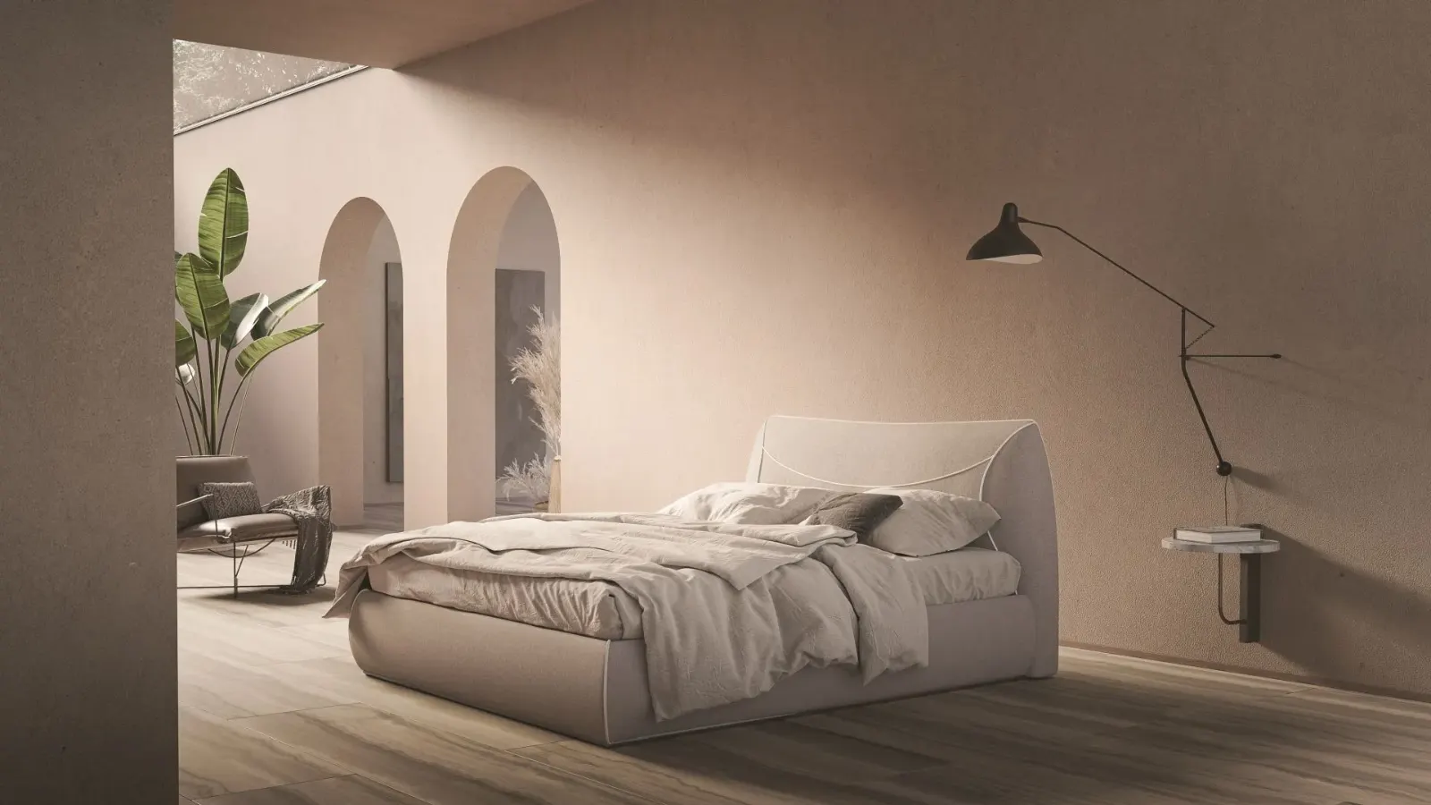Letto Corinne, letto matrimoniale imbottito con contenitore, su misura, made in Italy