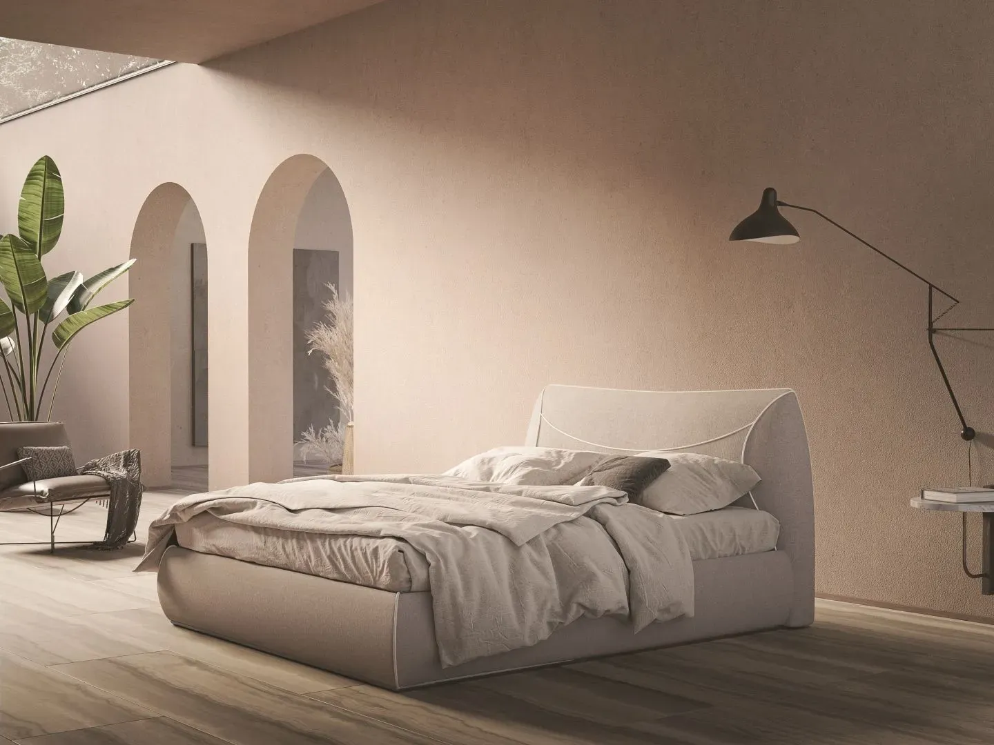 Letto Corinne, letto matrimoniale imbottito con contenitore, su misura, made in Italy