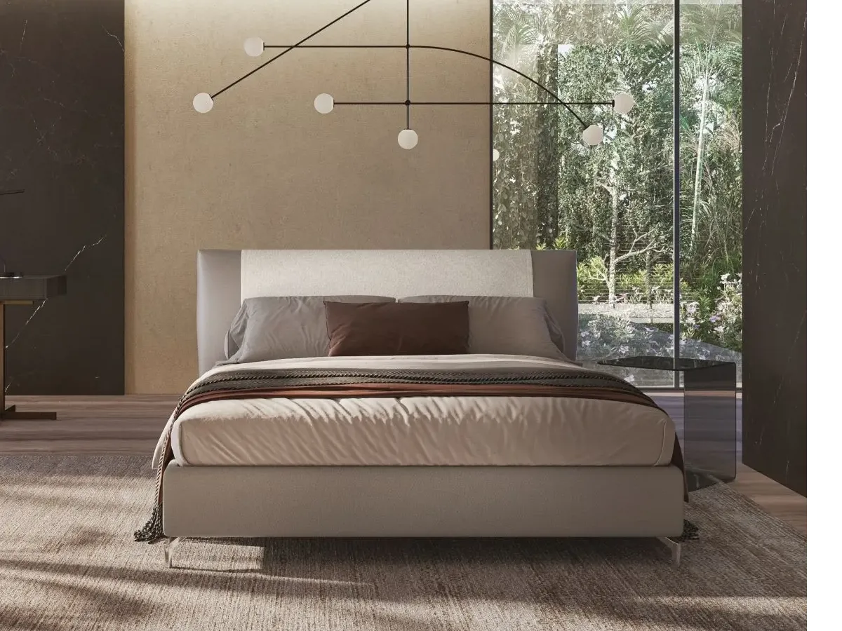 Letto Emily, letto imbottito con testiera e giroletto imbottiti, made in Italy