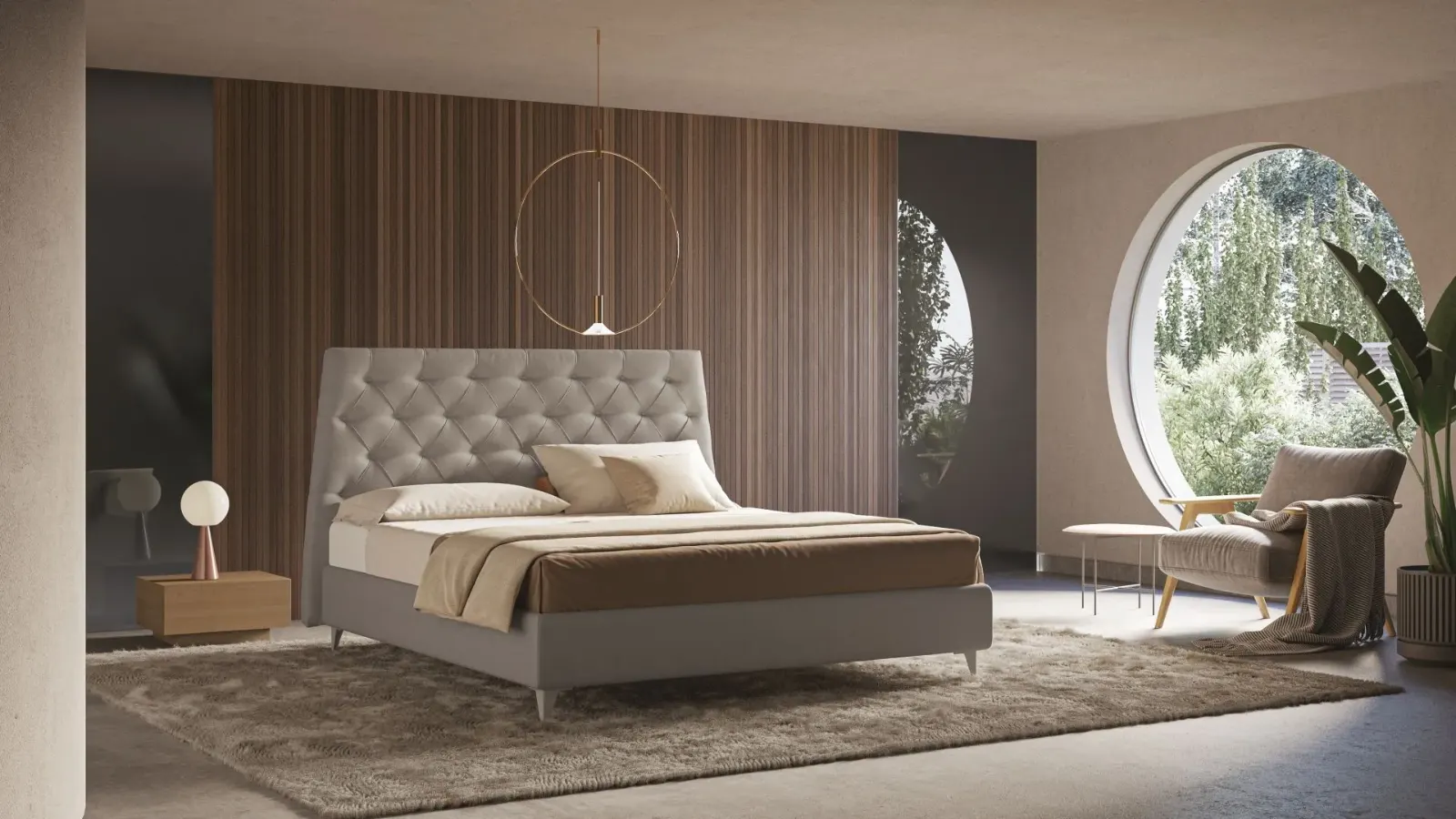 Letto Josephine, letto matrimoniale capitonné con giroletto alto o basso, made in Italy