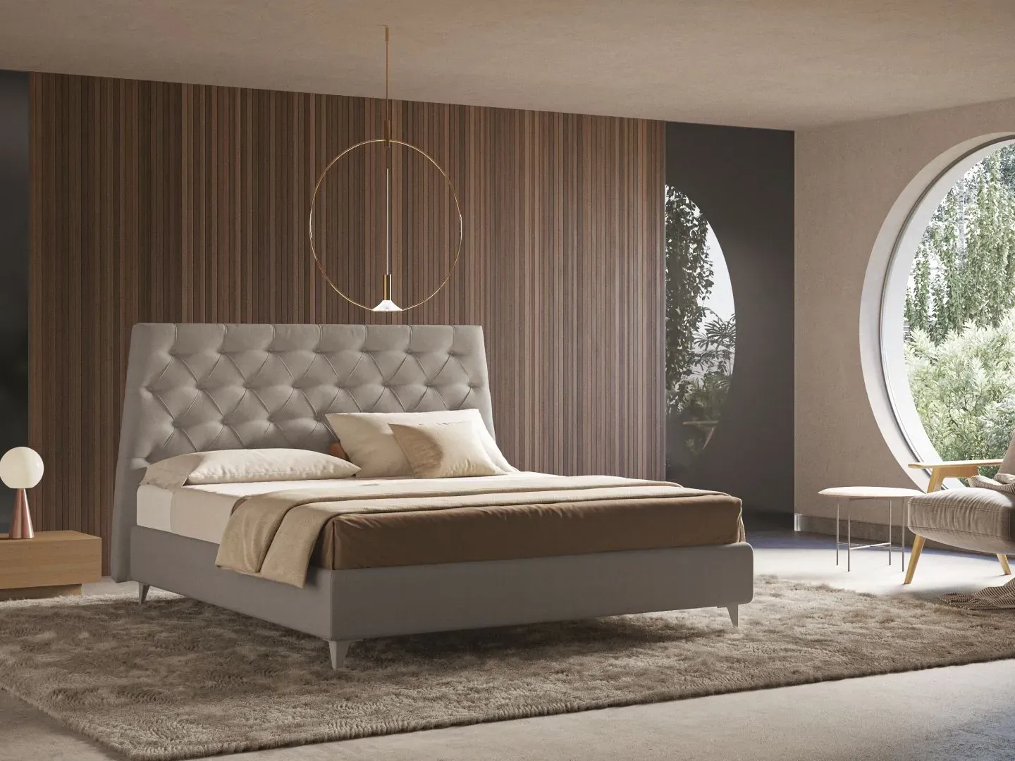 Letto Josephine, letto matrimoniale capitonné con giroletto alto o basso, made in Italy