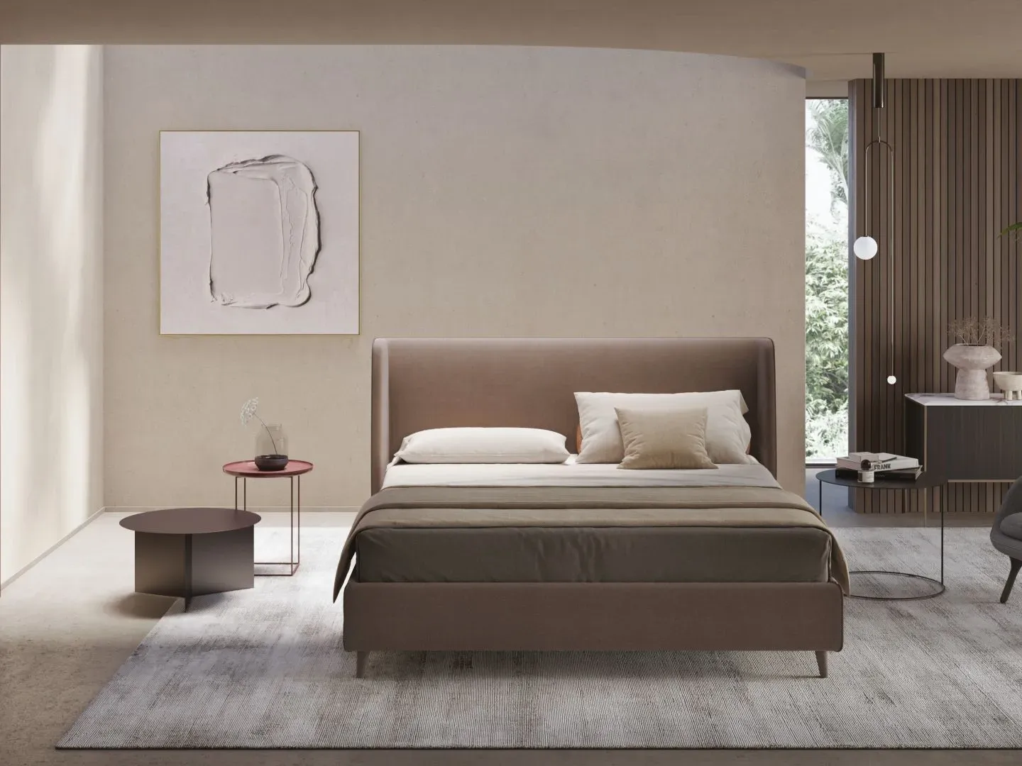 Letto Julia, letto contenitore con testiera imbottita da terra, made in Italy