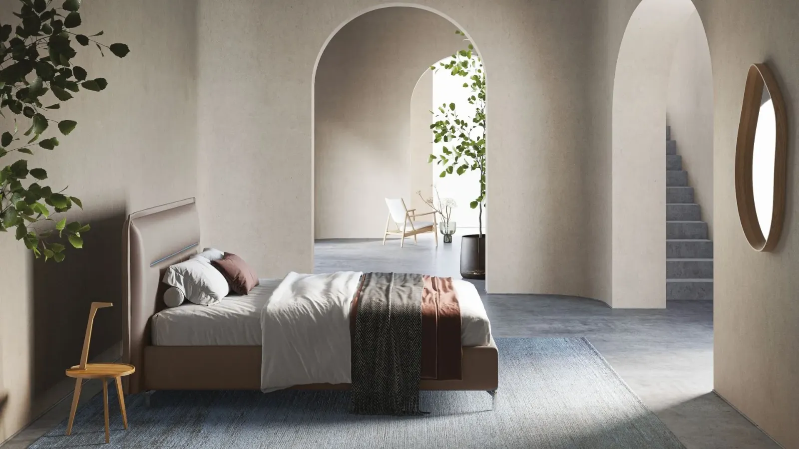 Letto Kate, letto contenitore con testiera imbottita da terra, made in Italy