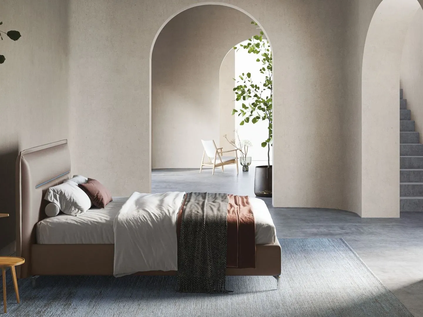 Letto Kate, letto contenitore con testiera imbottita da terra, made in Italy