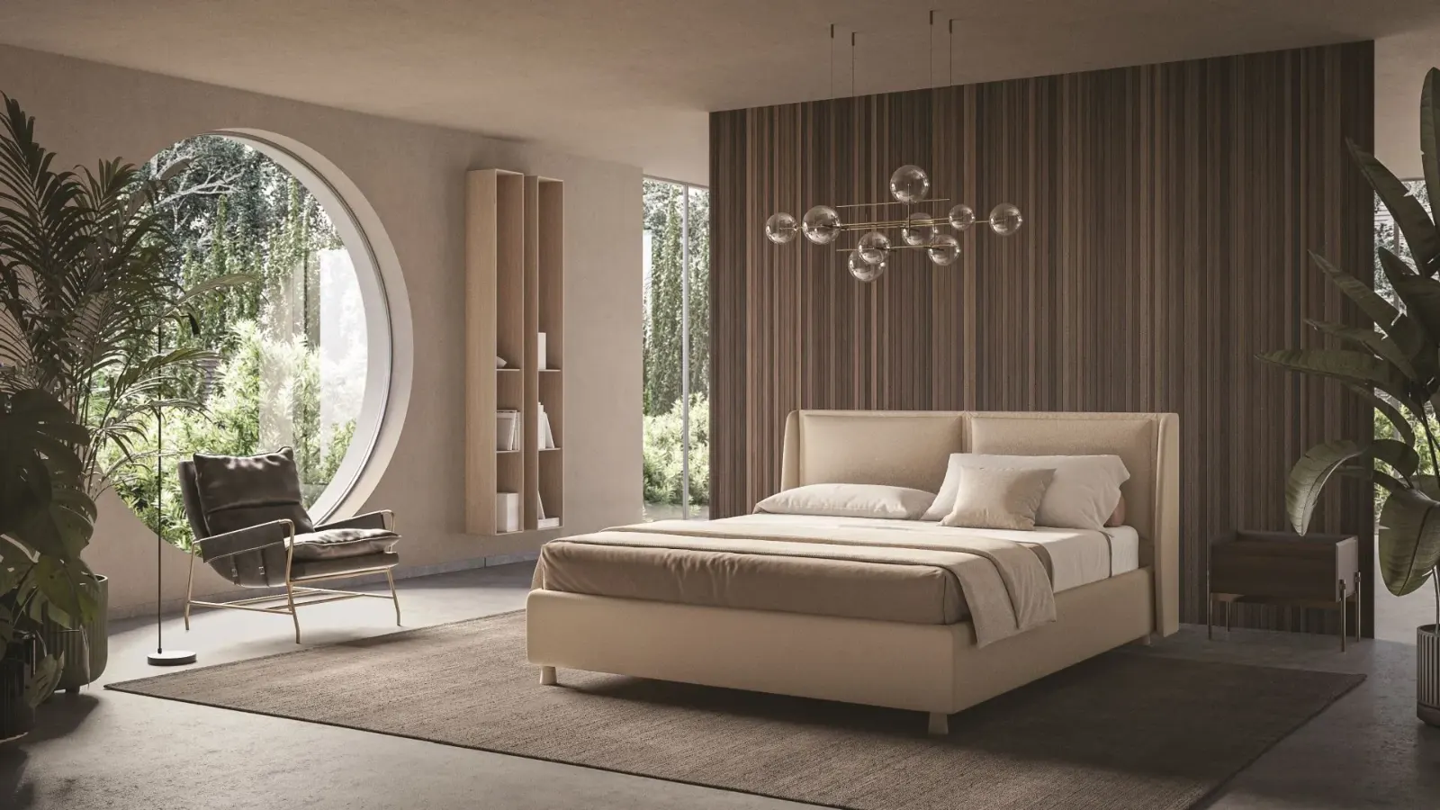 Letto Laila, letto contenitore con testiera imbottita da terra, made in Italy