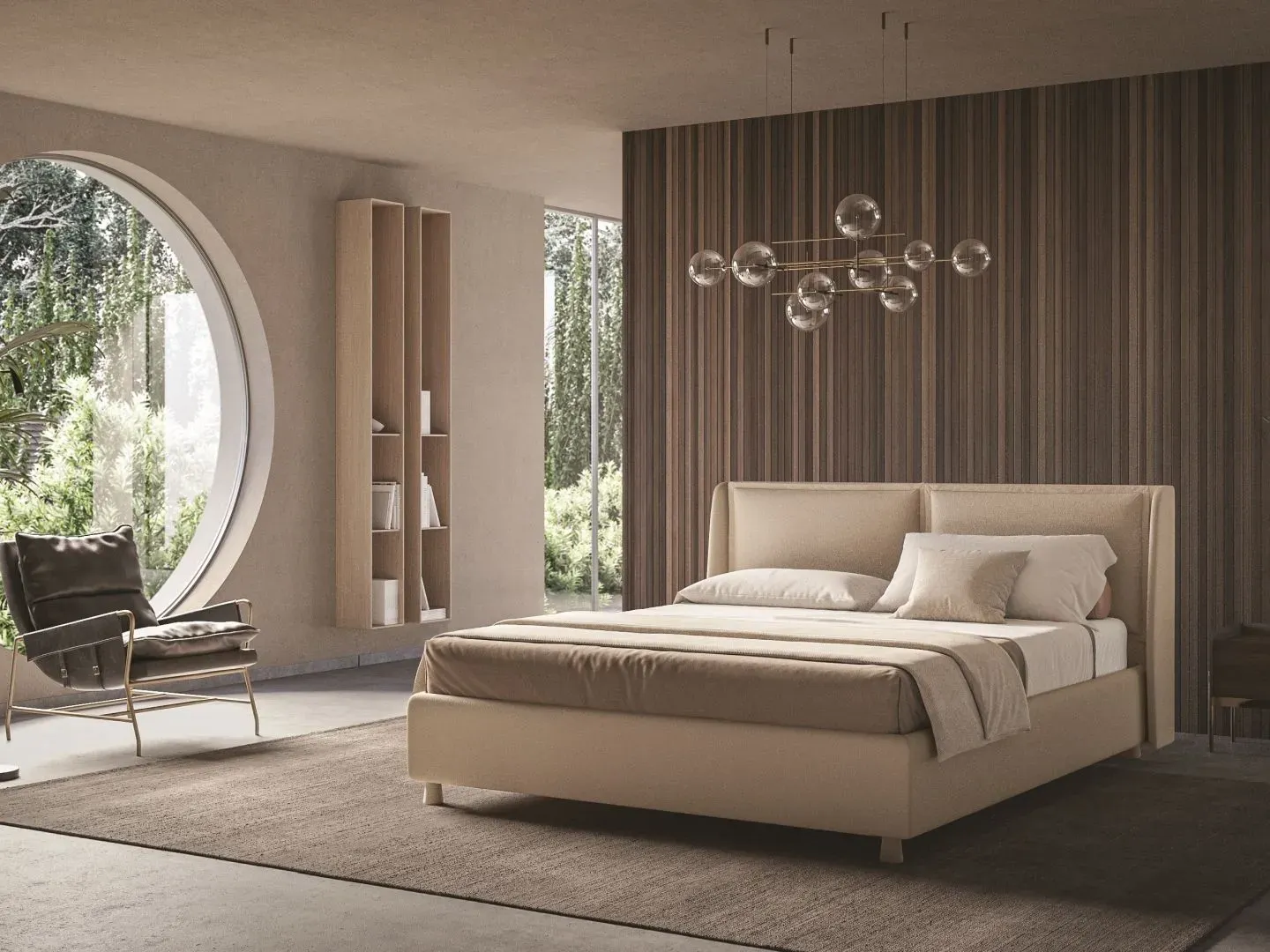 Letto Laila, letto contenitore con testiera imbottita da terra, made in Italy