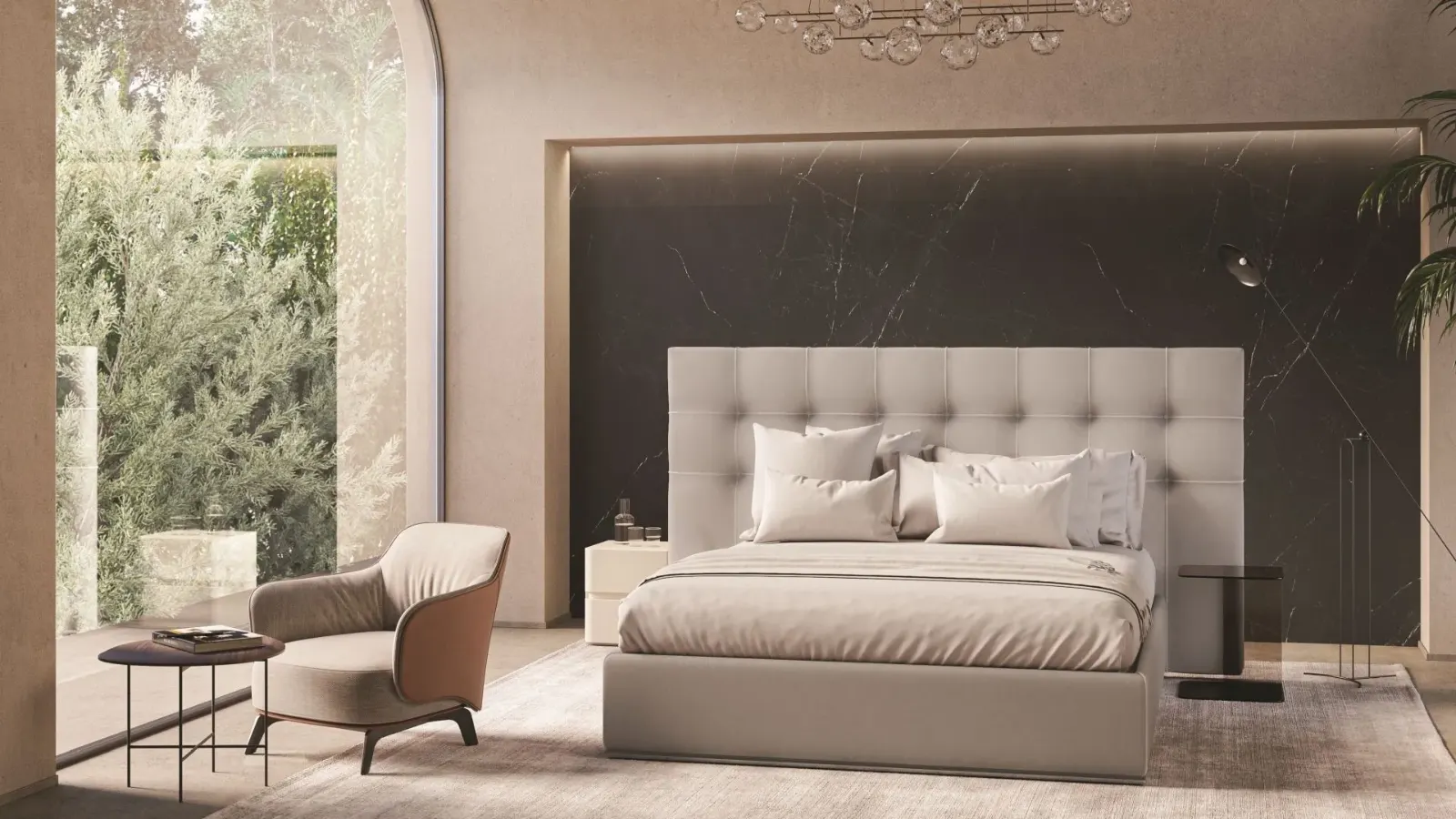 Letto Malika Large, letto imbottito con testiera trapuntata in tessuto o ecopelle, made in Italy