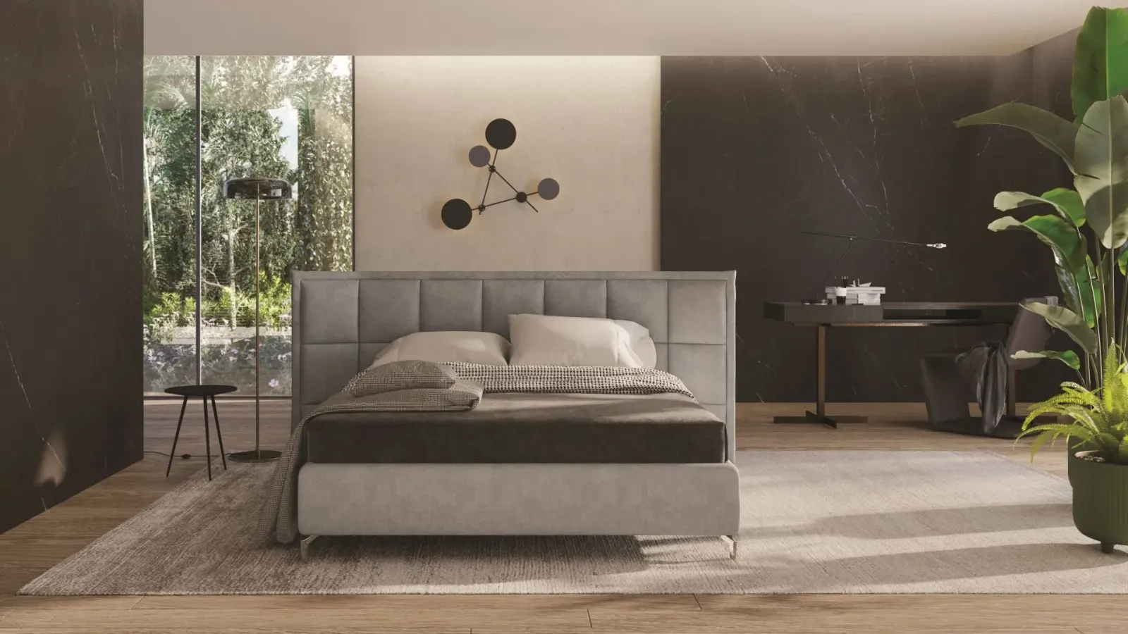 Letto Maya, letto contenitore con testiera trapuntata da terra, made in Italy