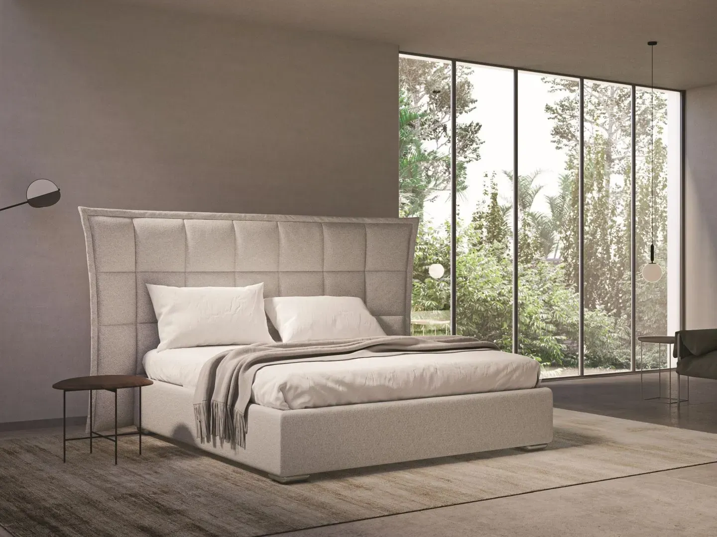 Letto Maya High, letto imbottito con testiera trapuntata in tessuto o ecopelle, made in Italy