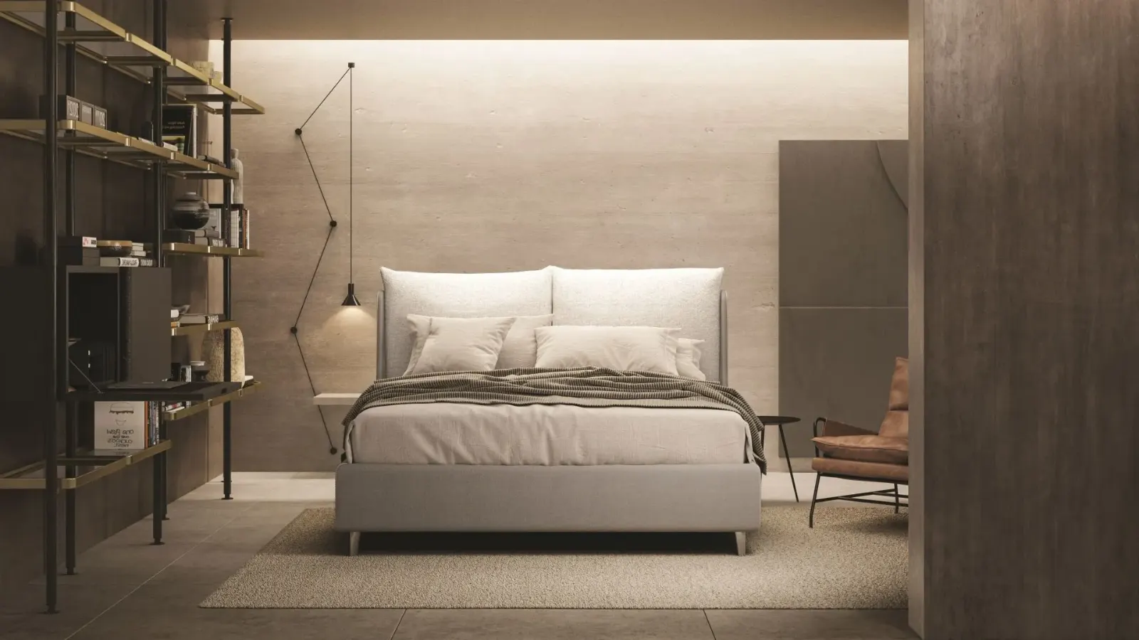 Letto Nora, letto contenitore con testiera imbottita da terra, made in Italy